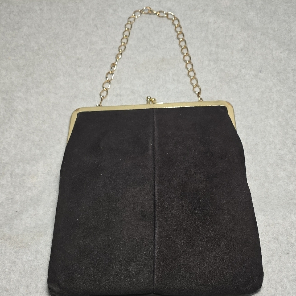 Elegant Vintage Black Suede Kiss Lock Chain Evening Bag - Picture 2 of 14